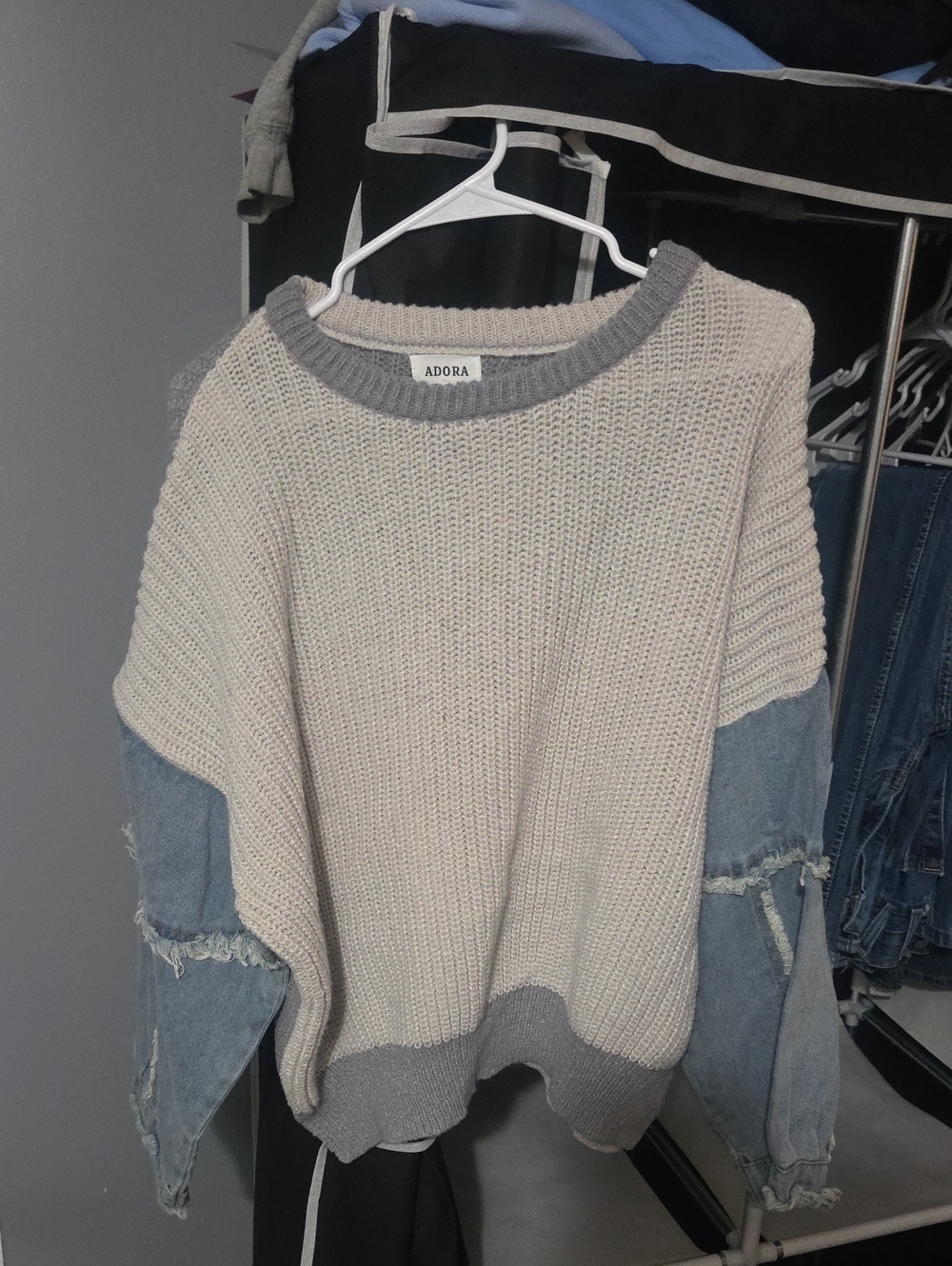 ADORA Cream Knit Sweater with Gray Trim and Distressed Denim Sleeves